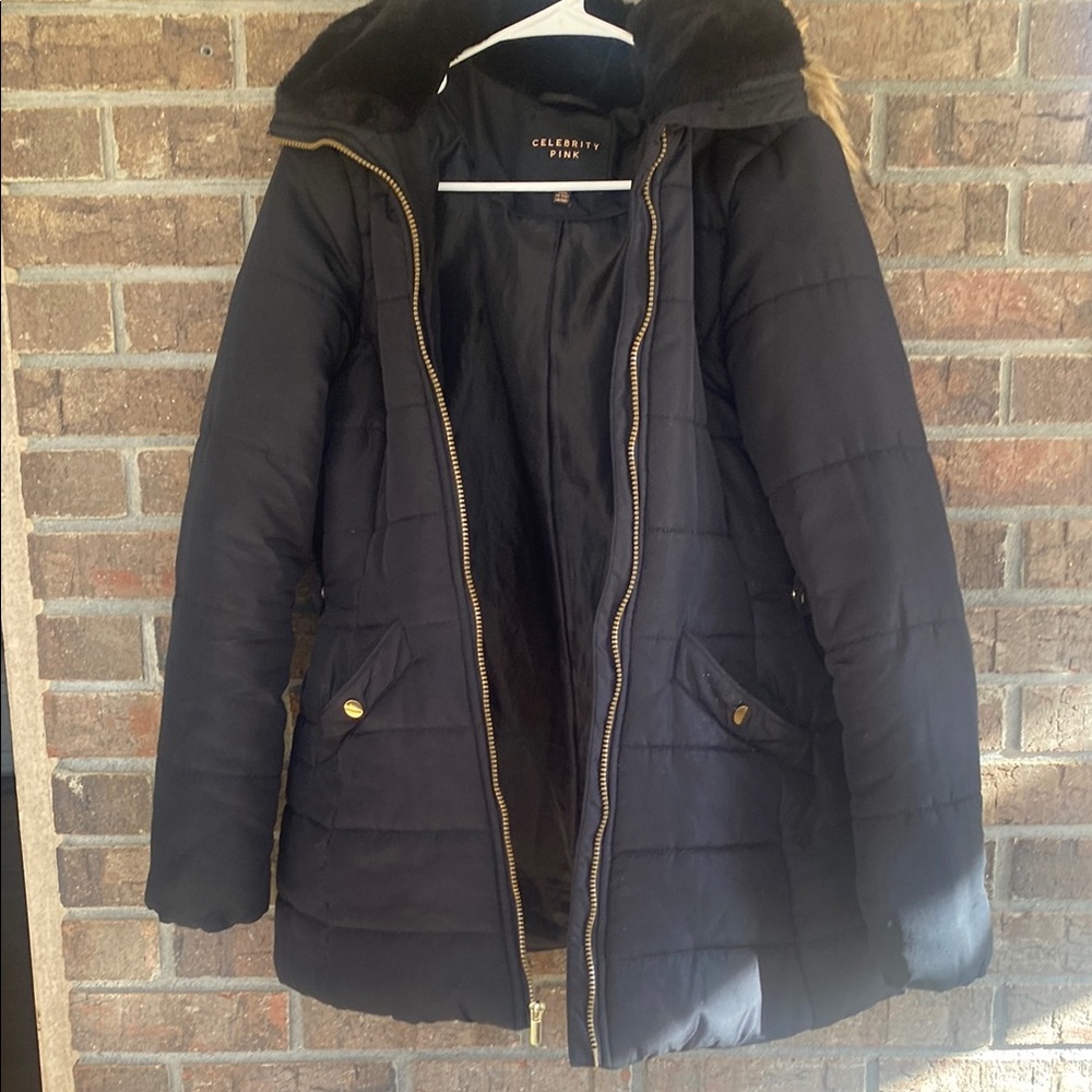 Celebrity Pink Women's Black Puffer Jacket with Faux Fur Trim